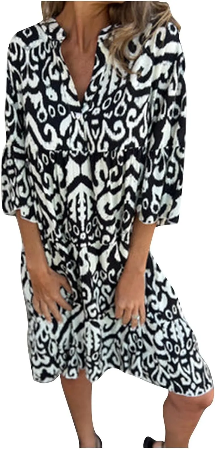 Women's 3/4 Sleeve Summer Flowy Midi Dress, Fashion Vintage Print Half Button Collar Loose Fit Vacation Clothes