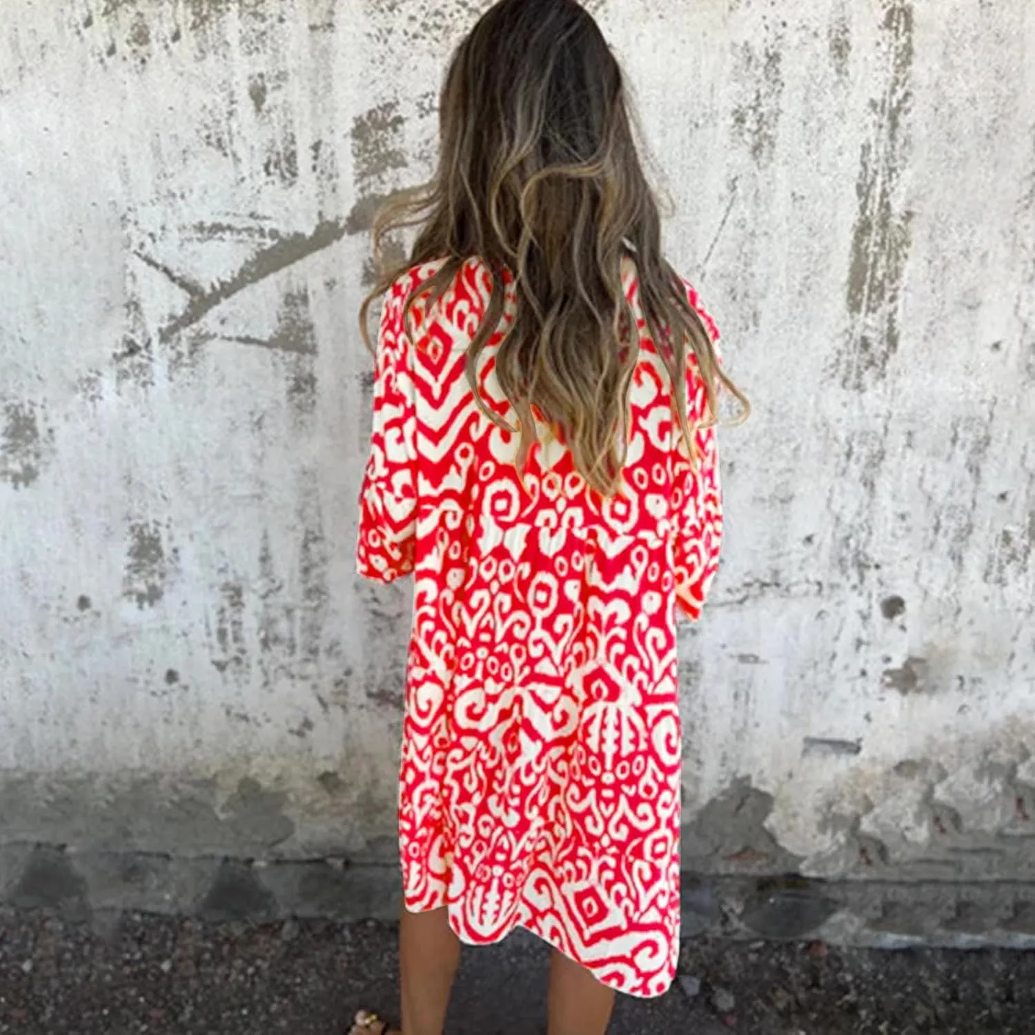 Women's 3/4 Sleeve Summer Flowy Midi Dress, Fashion Vintage Print Half Button Collar Loose Fit Vacation Clothes
