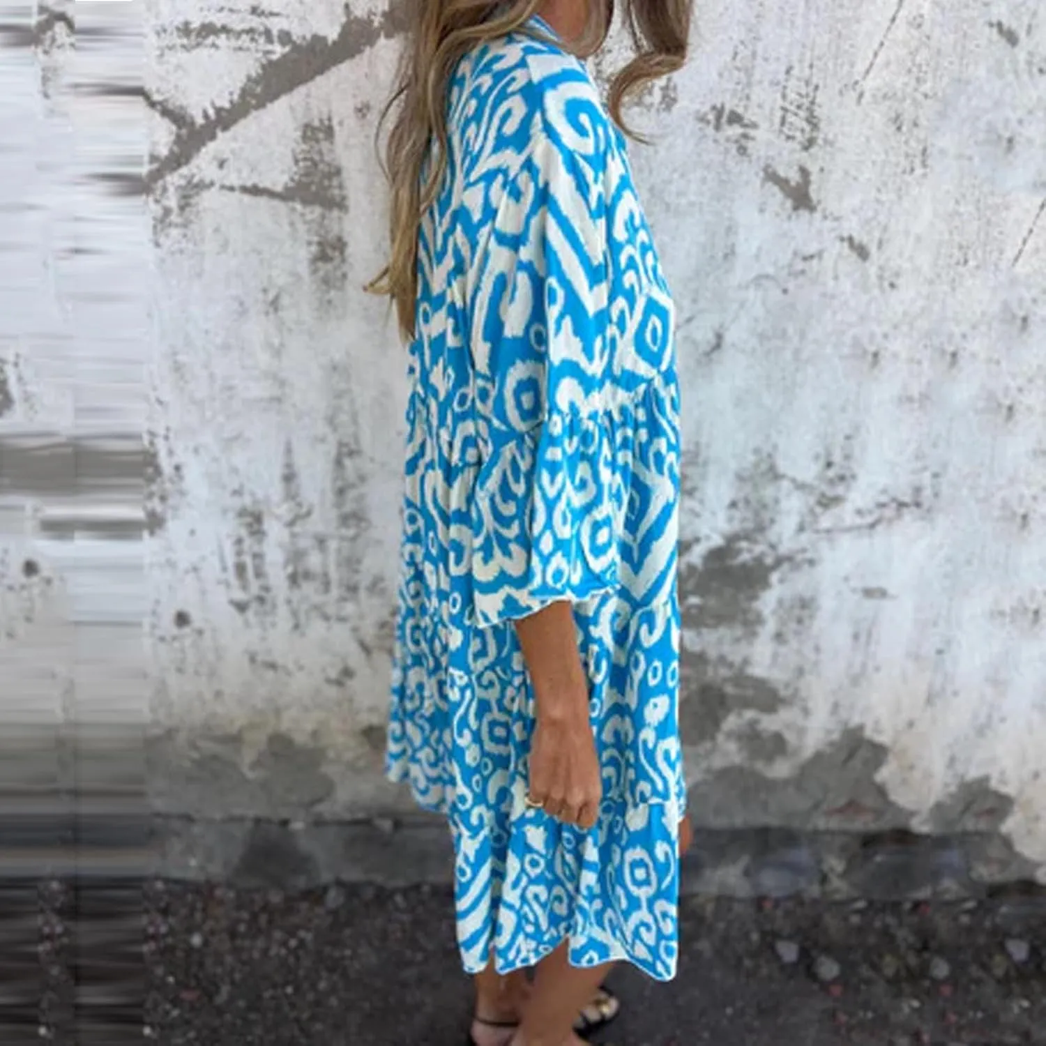 Women's 3/4 Sleeve Summer Flowy Midi Dress, Fashion Vintage Print Half Button Collar Loose Fit Vacation Clothes