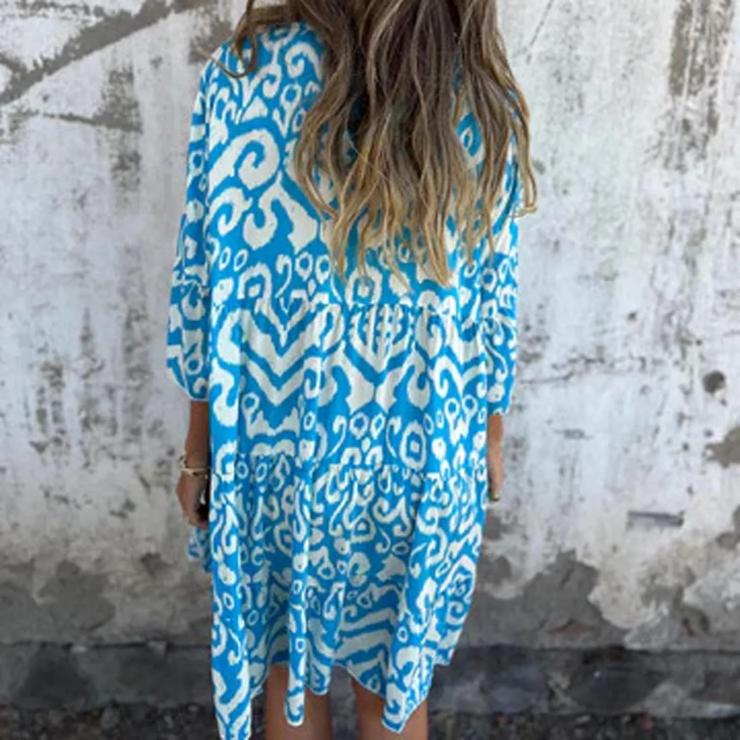 Women's 3/4 Sleeve Summer Flowy Midi Dress, Fashion Vintage Print Half Button Collar Loose Fit Vacation Clothes