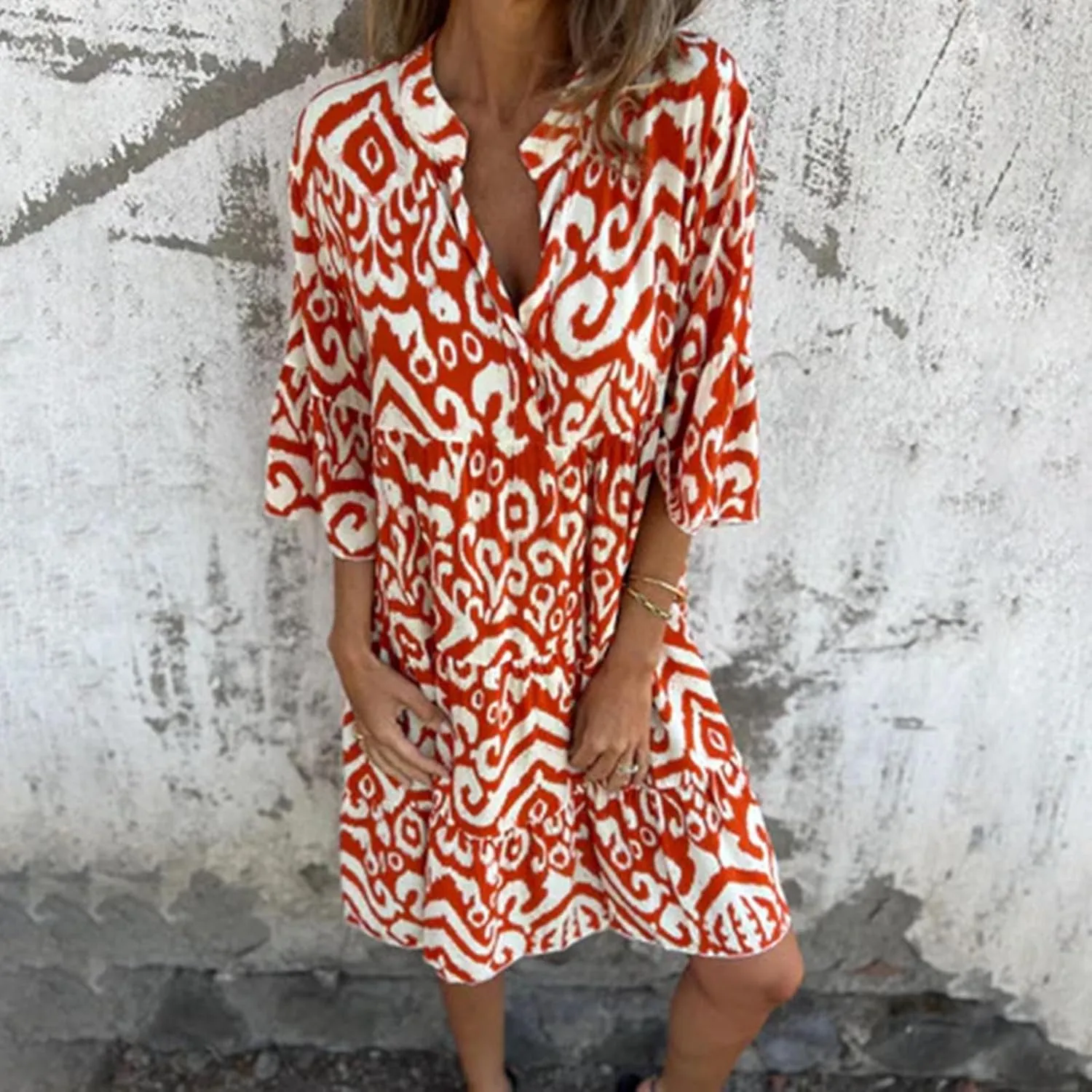 Women's 3/4 Sleeve Summer Flowy Midi Dress, Fashion Vintage Print Half Button Collar Loose Fit Vacation Clothes
