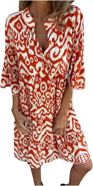 Women's 3/4 Sleeve Summer Flowy Midi Dress, Fashion Vintage Print Half Button Collar Loose Fit Vacation Clothes