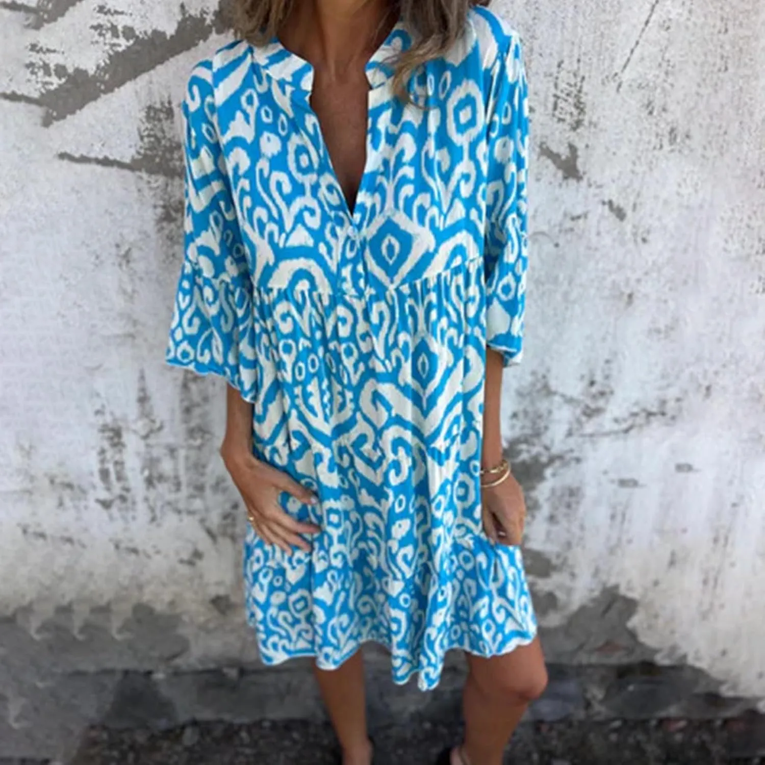 Women's 3/4 Sleeve Summer Flowy Midi Dress, Fashion Vintage Print Half Button Collar Loose Fit Vacation Clothes