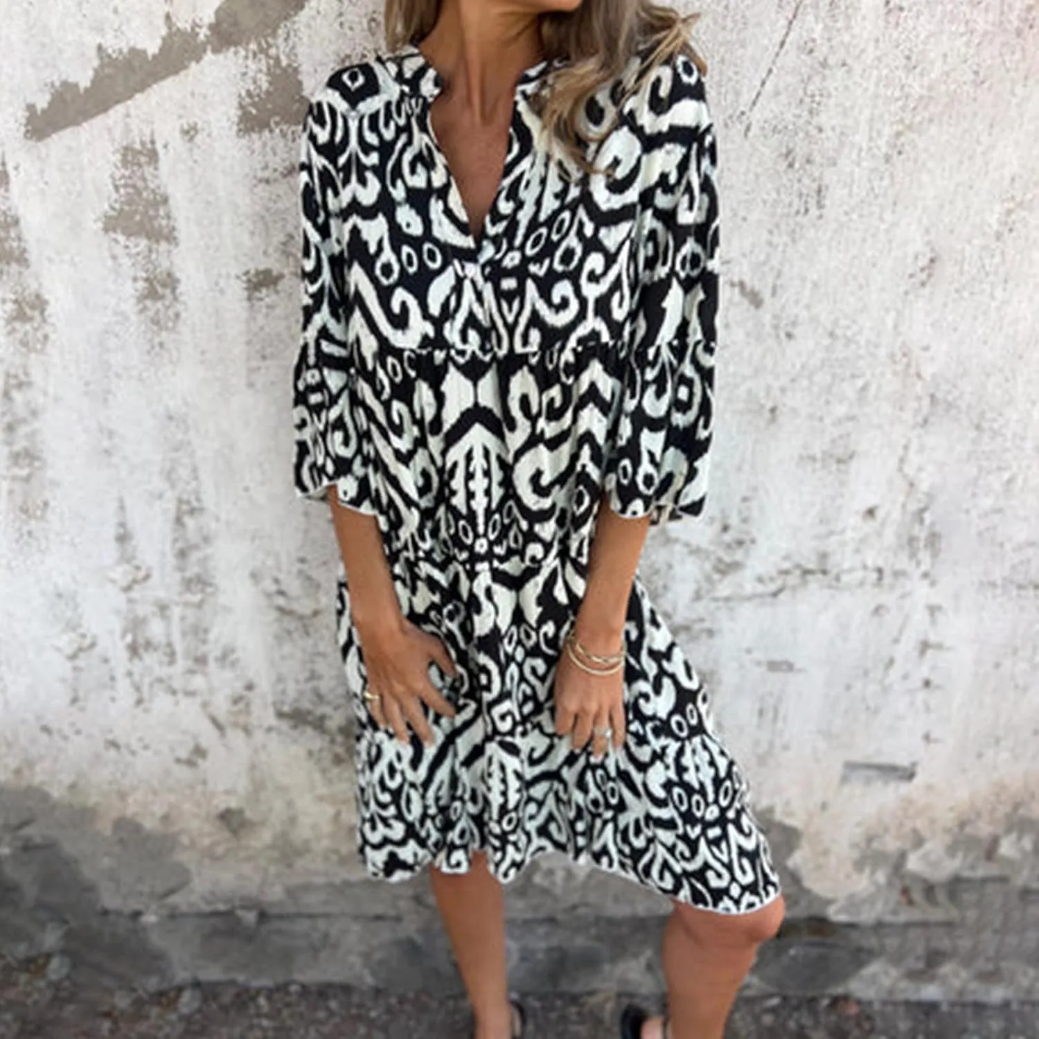 Women's 3/4 Sleeve Summer Flowy Midi Dress, Fashion Vintage Print Half Button Collar Loose Fit Vacation Clothes