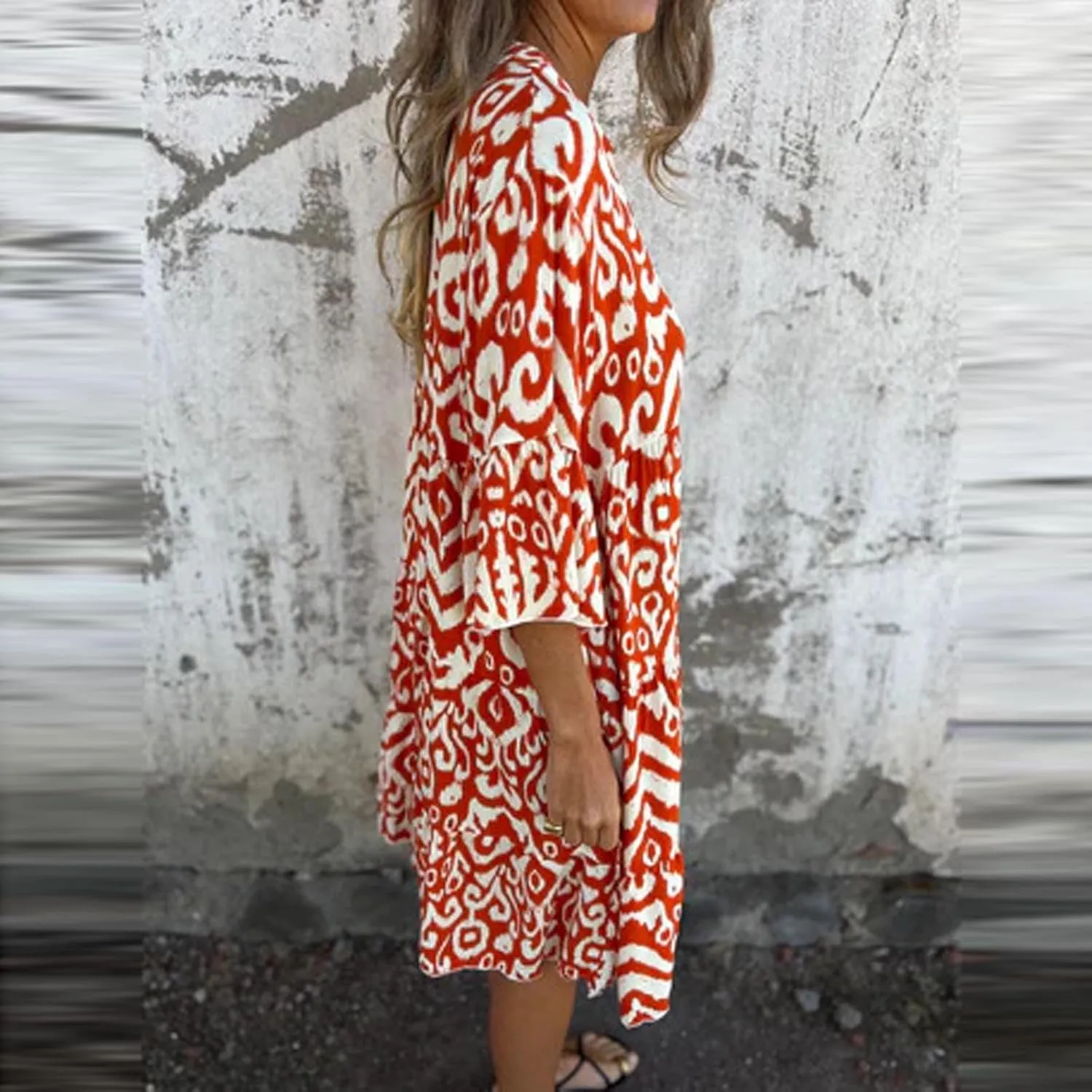 Women's 3/4 Sleeve Summer Flowy Midi Dress, Fashion Vintage Print Half Button Collar Loose Fit Vacation Clothes