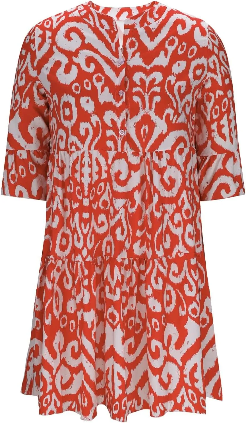 Women's 3/4 Sleeve Summer Flowy Midi Dress, Fashion Vintage Print Half Button Collar Loose Fit Vacation Clothes