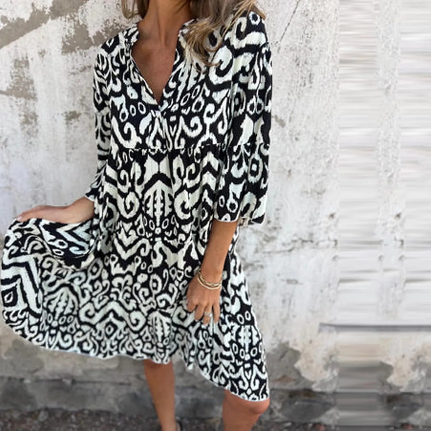 Women's 3/4 Sleeve Summer Flowy Midi Dress, Fashion Vintage Print Half Button Collar Loose Fit Vacation Clothes