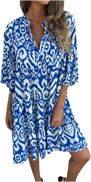 Women's 3/4 Sleeve Summer Flowy Midi Dress, Fashion Vintage Print Half Button Collar Loose Fit Vacation Clothes