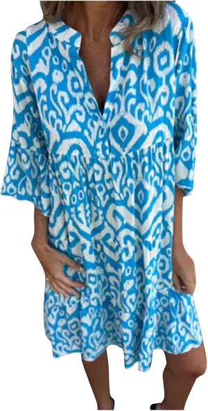 Women's 3/4 Sleeve Summer Flowy Midi Dress, Fashion Vintage Print Half Button Collar Loose Fit Vacation Clothes