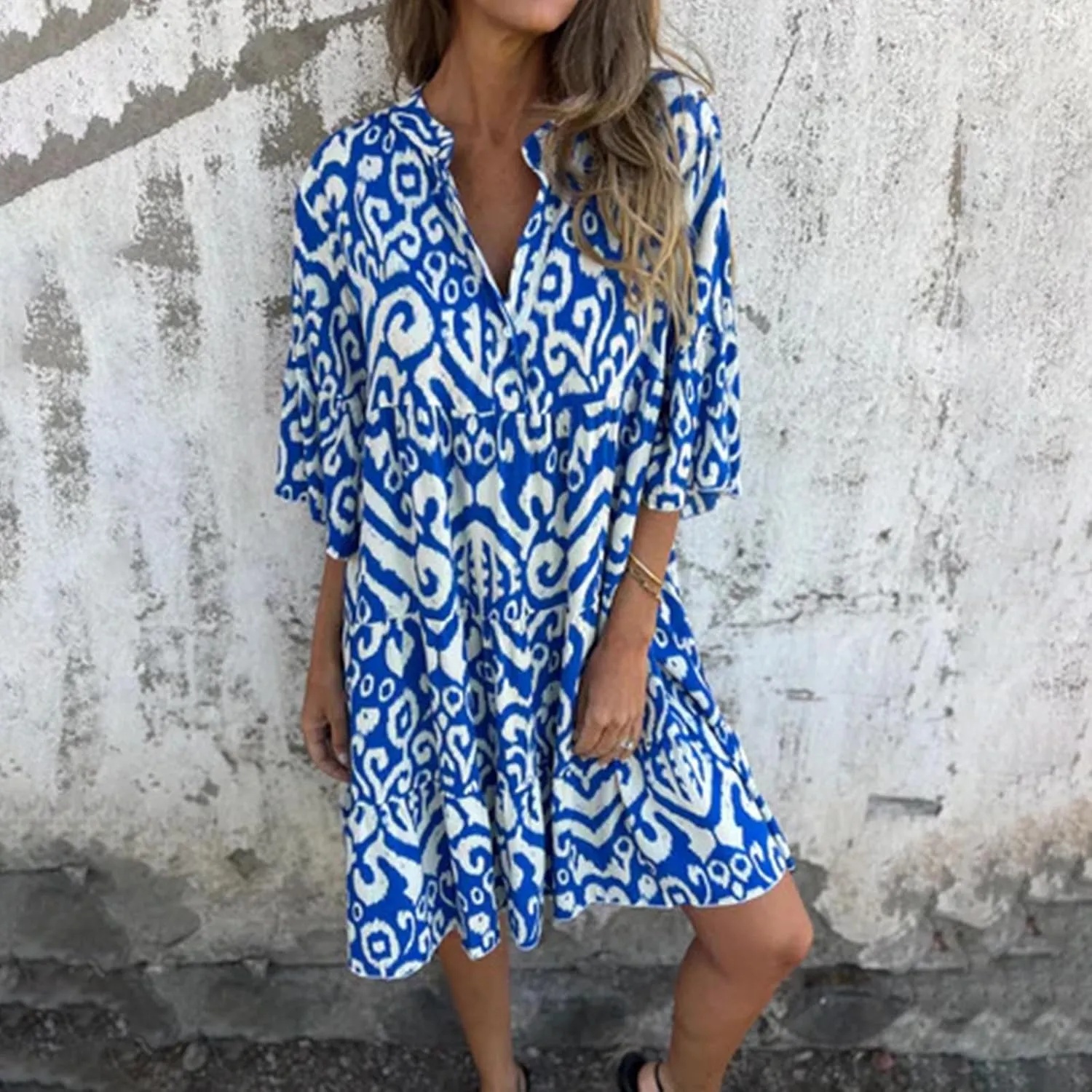 Women's 3/4 Sleeve Summer Flowy Midi Dress, Fashion Vintage Print Half Button Collar Loose Fit Vacation Clothes