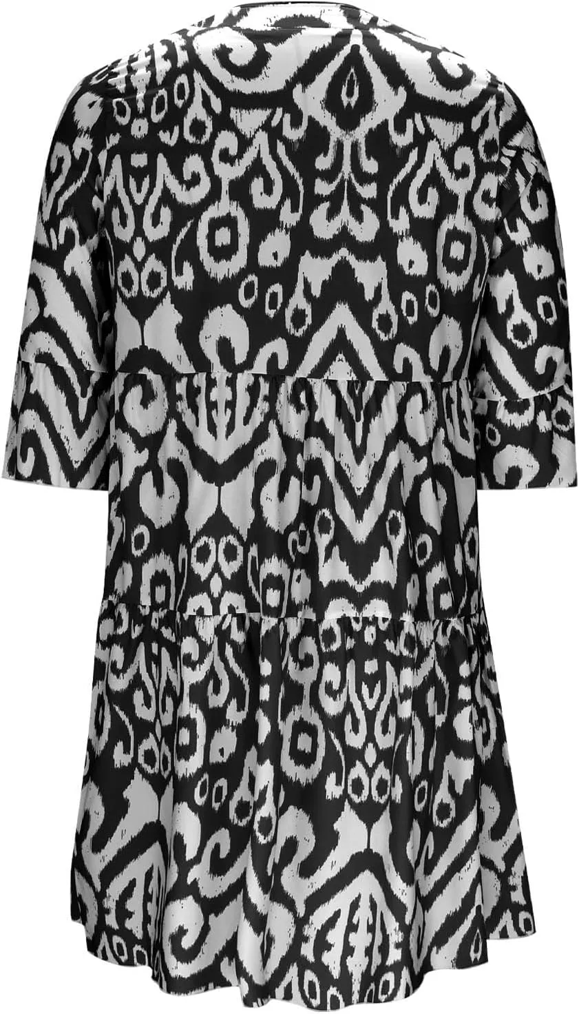 Women's 3/4 Sleeve Summer Flowy Midi Dress, Fashion Vintage Print Half Button Collar Loose Fit Vacation Clothes