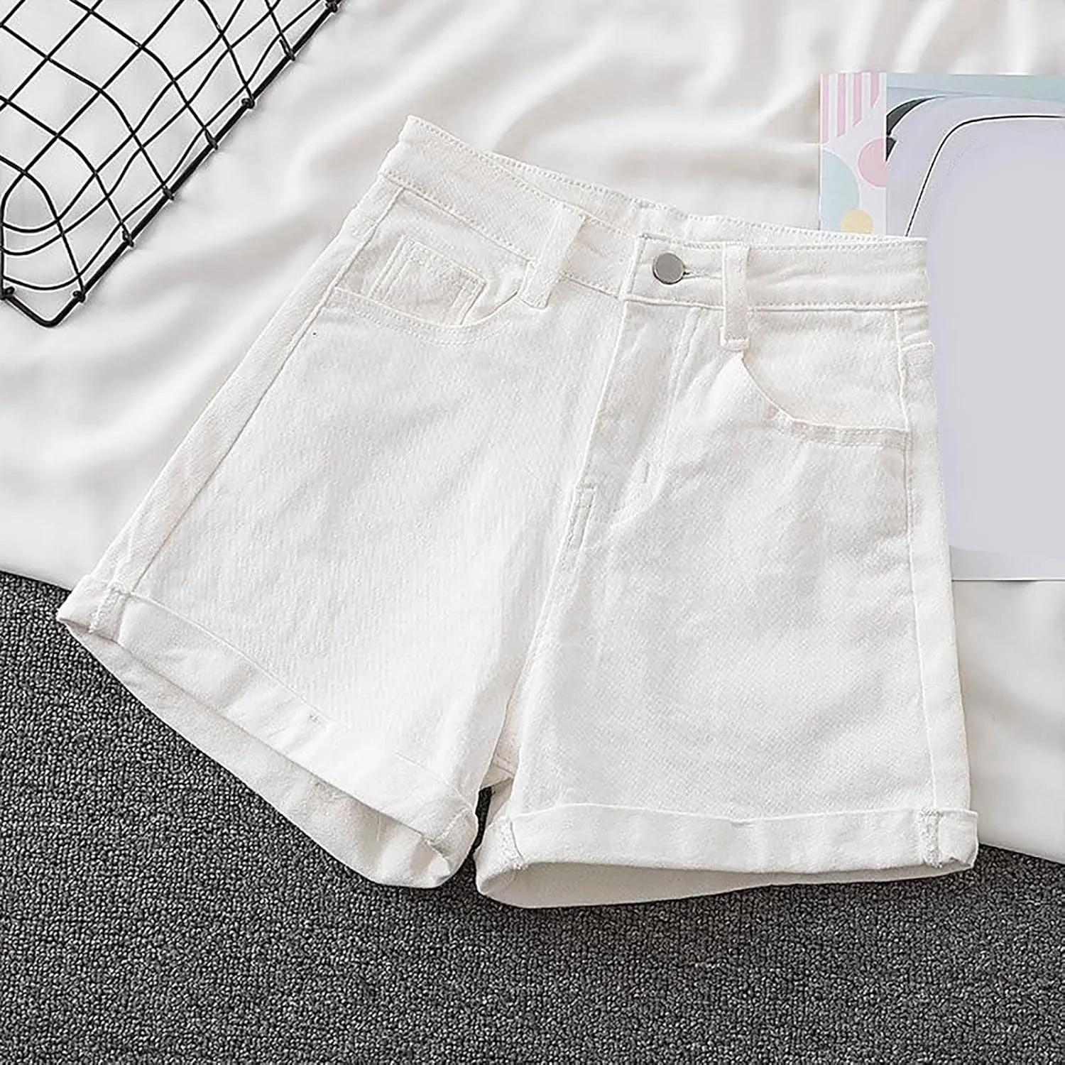 Women's A Line Wide-Leg Jean Shorts High Waisted Baggy Folded Hem Denim Shorts Comfy Loose Summer Beach Casual Short