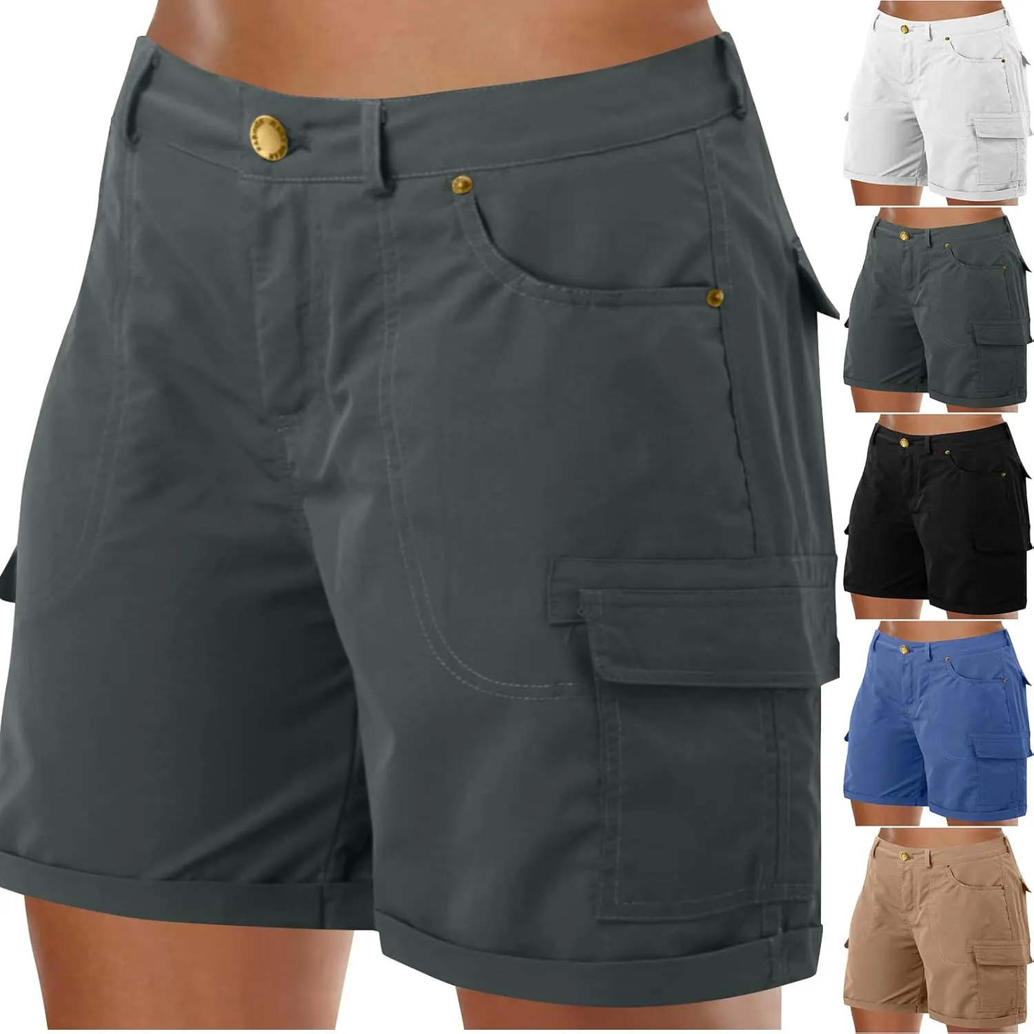 Womens Baggy Cargo Shorts Summer Casual Stretch Jeans Drawstring Beach Loost Fit Chino Shorts with Pockets
