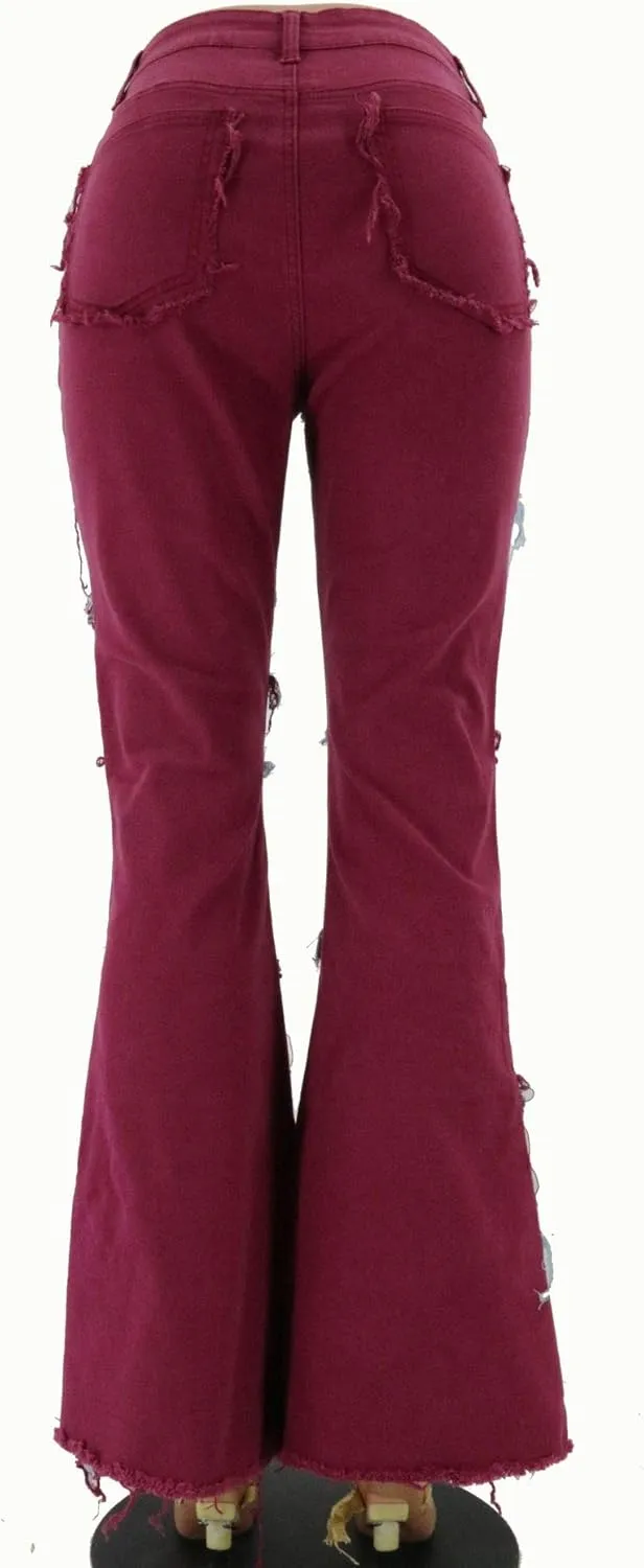 Womens Bell Bottom Jeans Plus Size High Waisted Fringe Color Block Stretch Denim Flared Pants
