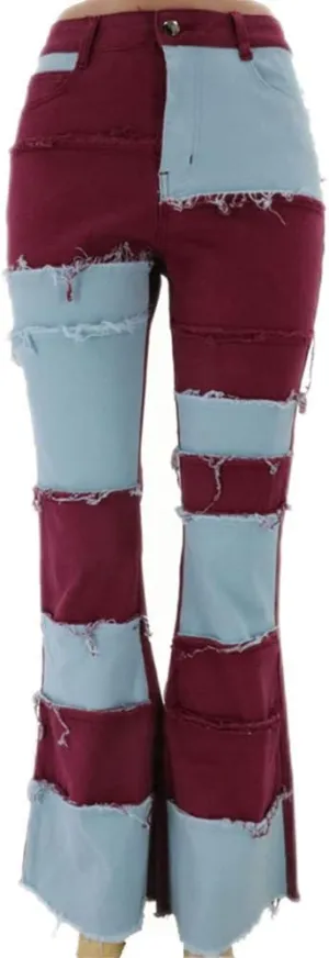 Womens Bell Bottom Jeans Plus Size High Waisted Fringe Color Block Stretch Denim Flared Pants