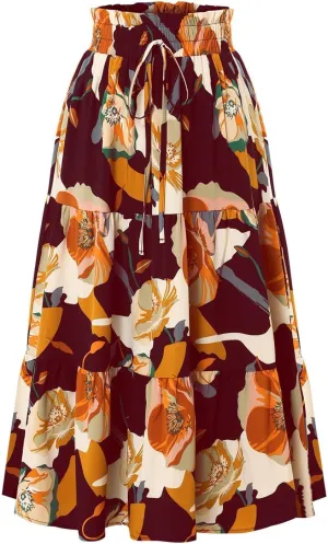 Womens Boho Maxi Skirts Summer Flowy Elastic High Waisted Drawstring Ruffle Hem Skort Casual Color Block Beach Skirt