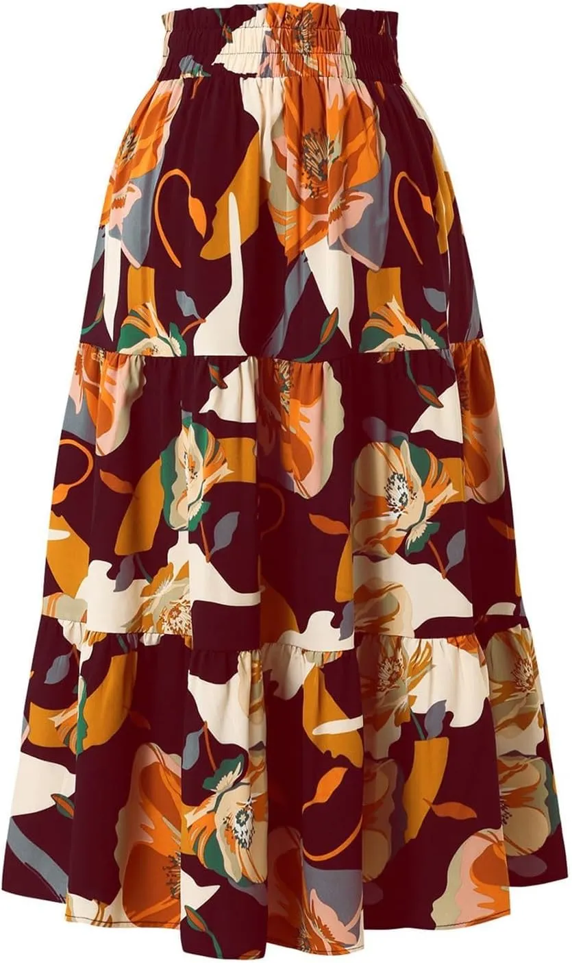 Womens Boho Maxi Skirts Summer Flowy Elastic High Waisted Drawstring Ruffle Hem Skort Casual Color Block Beach Skirt