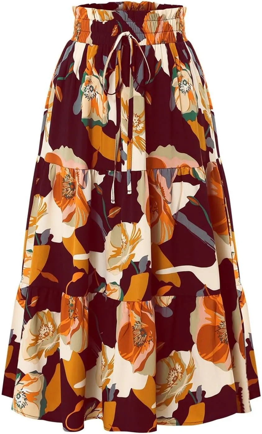 Womens Boho Maxi Skirts Summer Flowy Elastic High Waisted Drawstring Ruffle Hem Skort Casual Color Block Beach Skirt