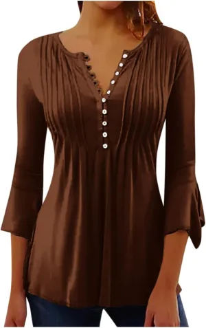 Women's Button Up Shirt Floral Print Top Summer Casual 3/4 Sleeve V Neck Blouse Women's Athletic Shirts