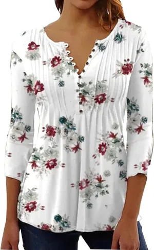 Women's Button Up Shirt Floral Print Top Summer Casual 3/4 Sleeve V Neck Blouse Women's Athletic Shirts