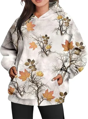 Womens Camo Hoodie Oversized Hooded Sweatshirt Long Sleeve Sweatshirts Leaf Print Hoodie Casual Pullover