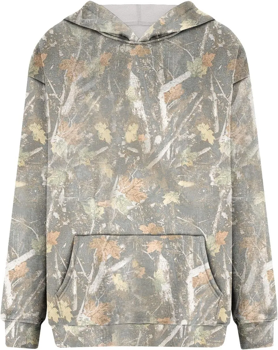 Women's Camo Hoodies Sweatshirt Maple Leaf Print Oversized Fleece Sweatshirts Classic Print Pullover with Pocket