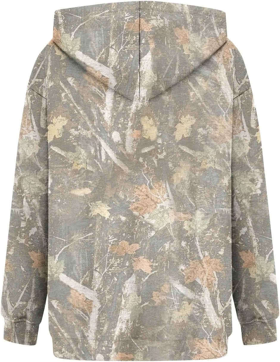 Women's Camo Hoodies Sweatshirt Maple Leaf Print Oversized Fleece Sweatshirts Classic Print Pullover with Pocket