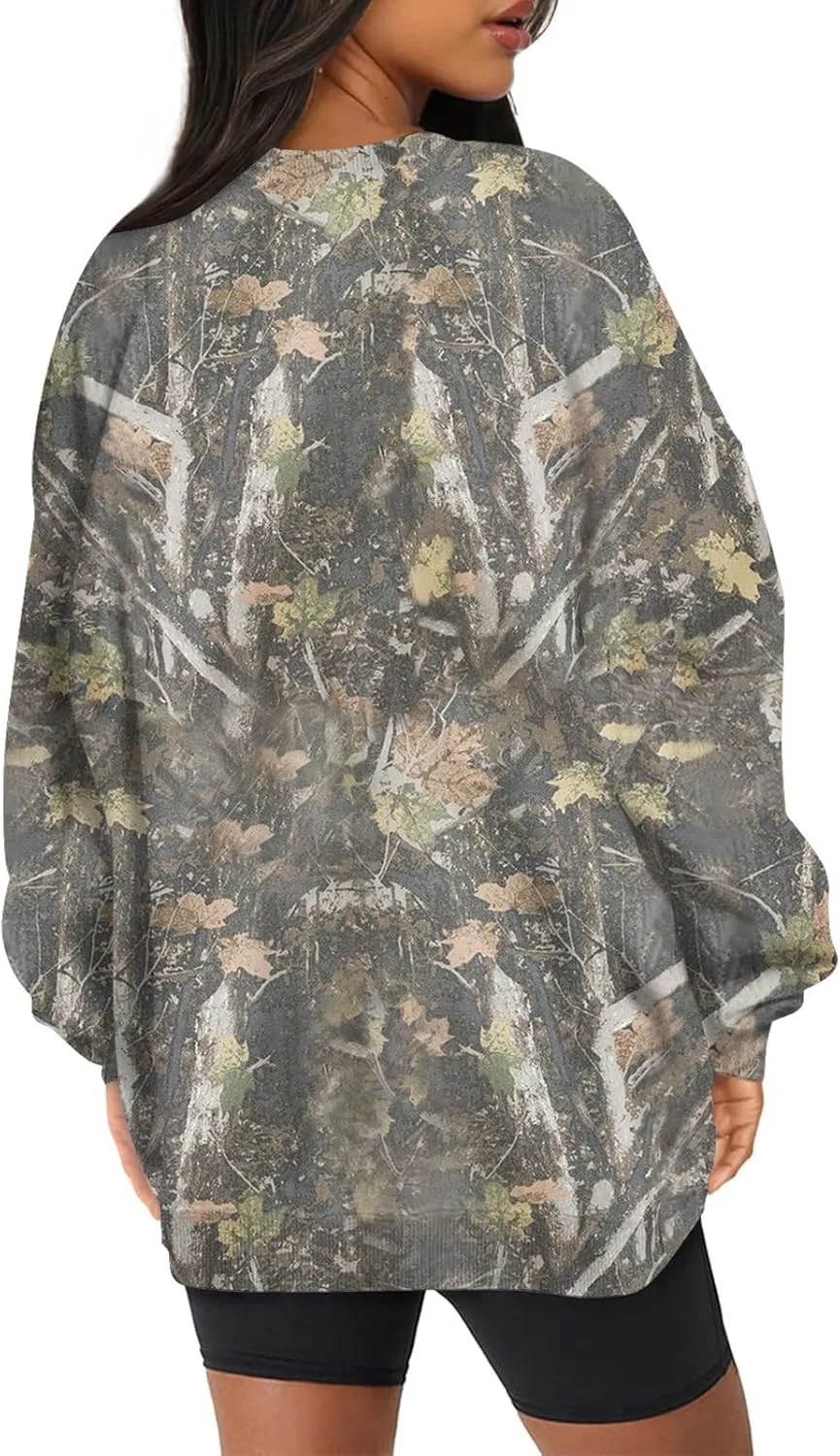 Women's Camo Hoodies Sweatshirt Maple Leaf Print Oversized Fleece Sweatshirts Classic Print Pullover with Pocket