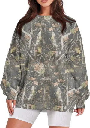 Women's Camo Hoodies Sweatshirt Maple Leaf Print Oversized Fleece Sweatshirts Classic Print Pullover with Pocket