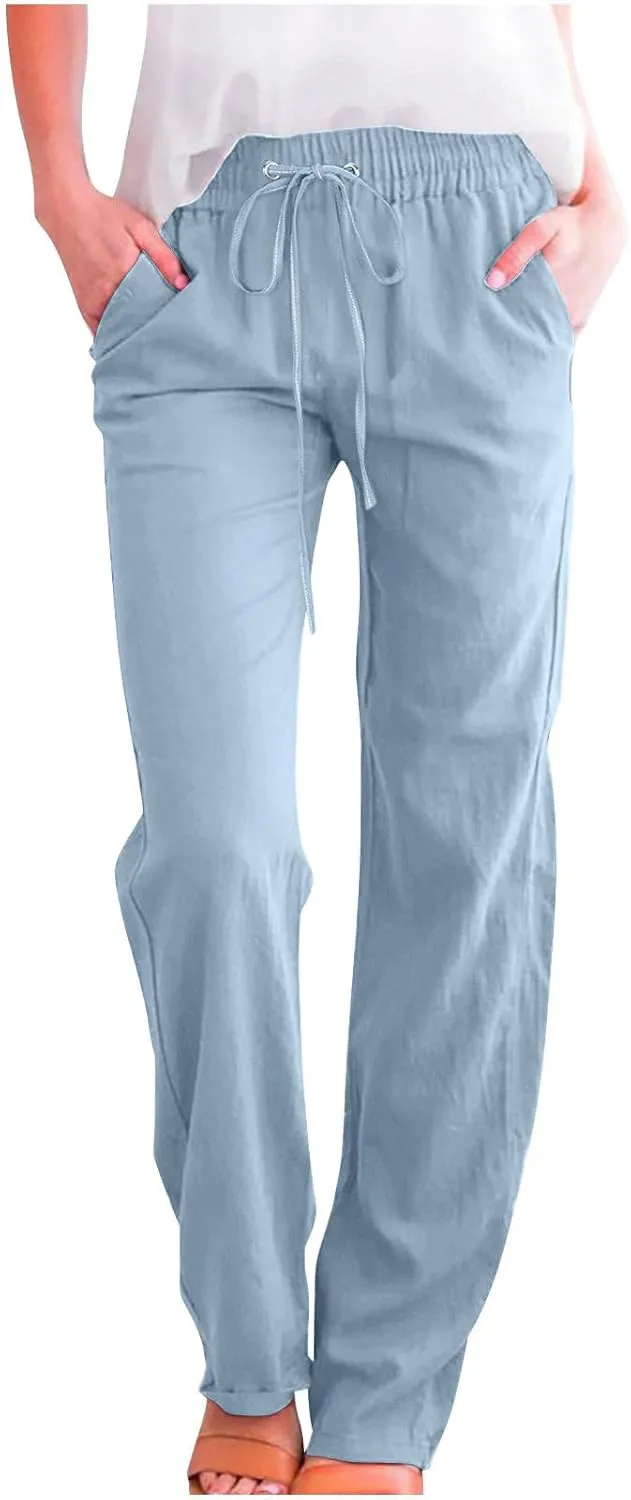 Womens Casual Cotton Linen Pants Lightweight Straight Leg Relax Elastic Waist Breathable Solid Lounge Long Trousers