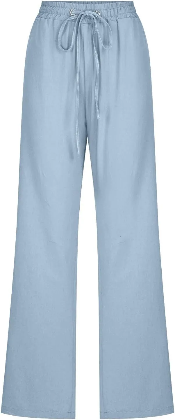 Womens Casual Cotton Linen Pants Lightweight Straight Leg Relax Elastic Waist Breathable Solid Lounge Long Trousers