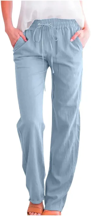 Womens Casual Cotton Linen Pants Lightweight Straight Leg Relax Elastic Waist Breathable Solid Lounge Long Trousers