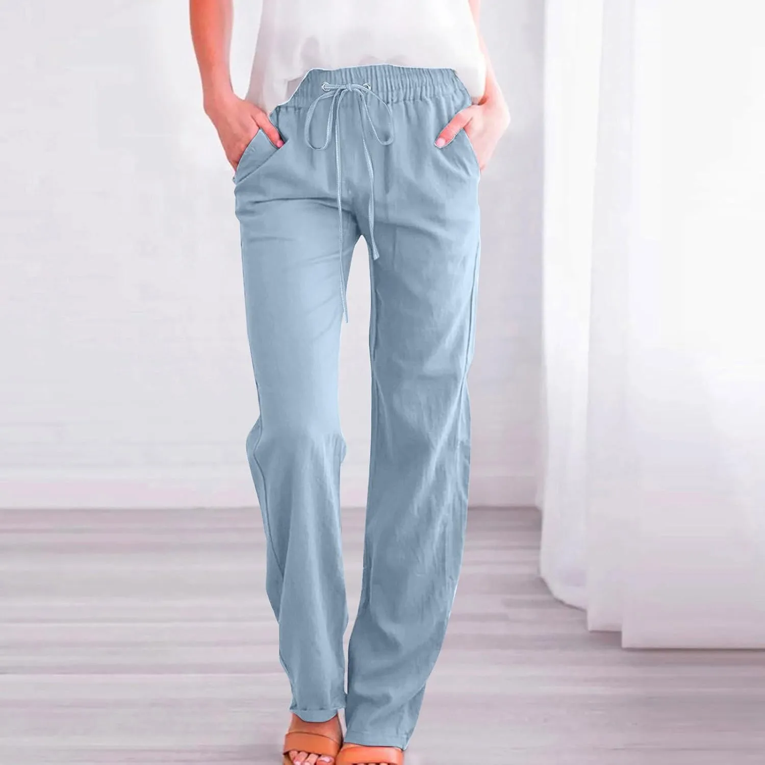 Womens Casual Cotton Linen Pants Lightweight Straight Leg Relax Elastic Waist Breathable Solid Lounge Long Trousers