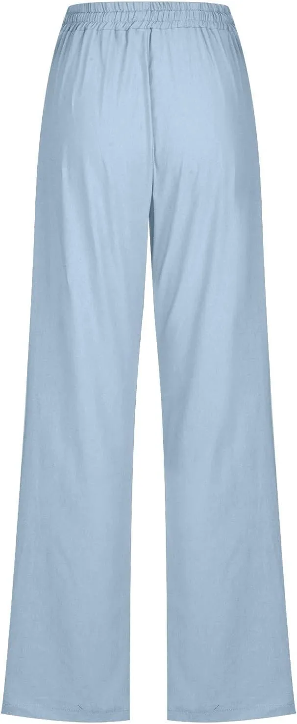 Womens Casual Cotton Linen Pants Lightweight Straight Leg Relax Elastic Waist Breathable Solid Lounge Long Trousers