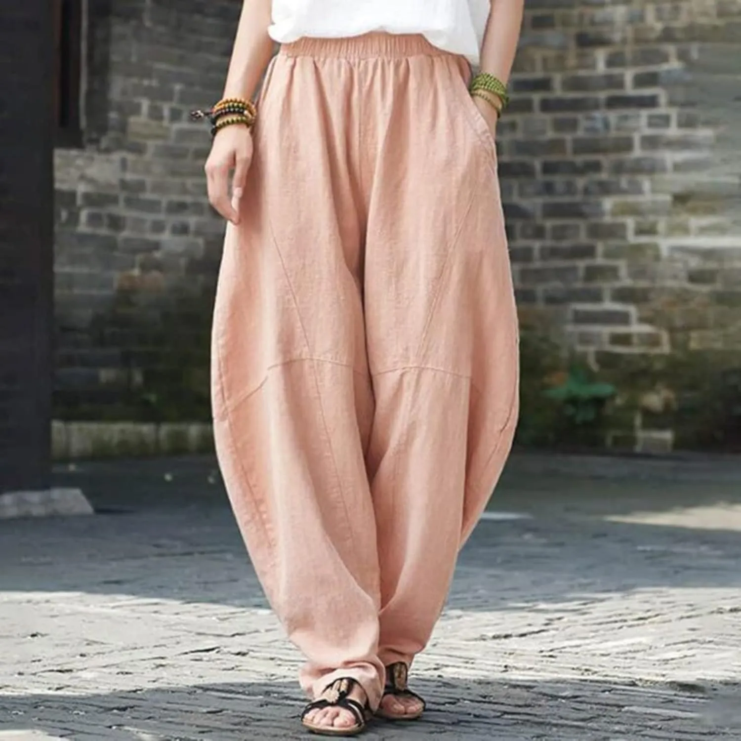 Womens Casual Linen Baggy Pants Elastic Waist Relax Fit Cotton Hippie Gypsy Harem Pant Drop Crotch Yoga Aladdin Pants