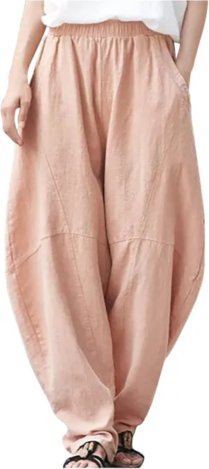 Womens Casual Linen Baggy Pants Elastic Waist Relax Fit Cotton Hippie Gypsy Harem Pant Drop Crotch Yoga Aladdin Pants