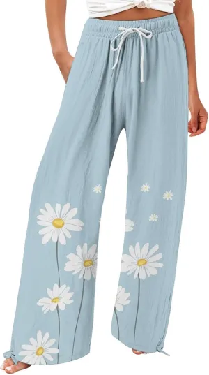 Women's Casual Pants Flower Pants Vintage Print Cotton Linen Pants Elastic Waisted Drawstring Summer Beach Baggy Trousers