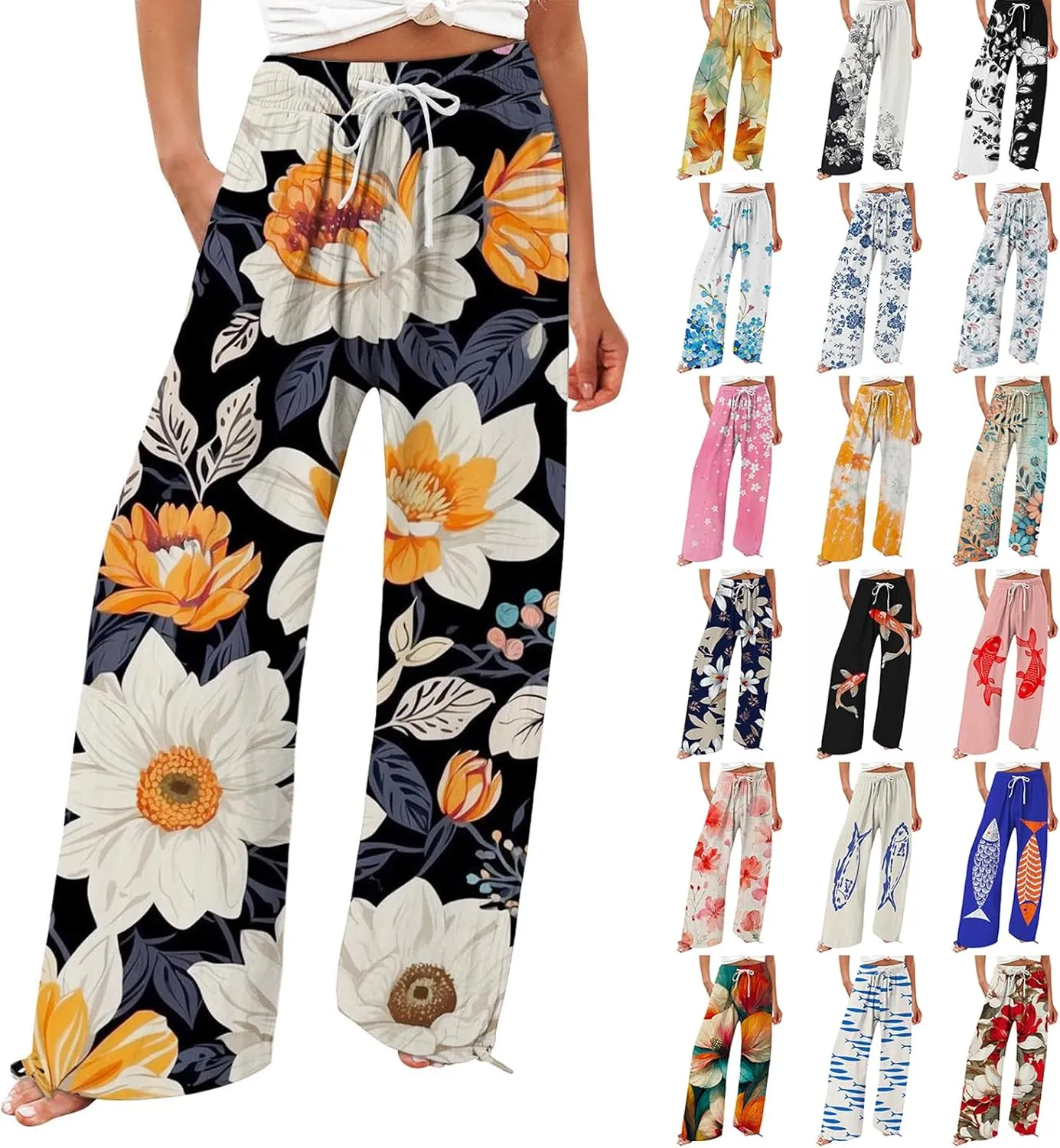 Women's Casual Pants Flower Pants Vintage Print Cotton Linen Pants Elastic Waisted Drawstring Summer Beach Baggy Trousers