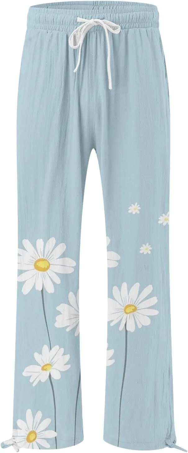 Women's Casual Pants Flower Pants Vintage Print Cotton Linen Pants Elastic Waisted Drawstring Summer Beach Baggy Trousers