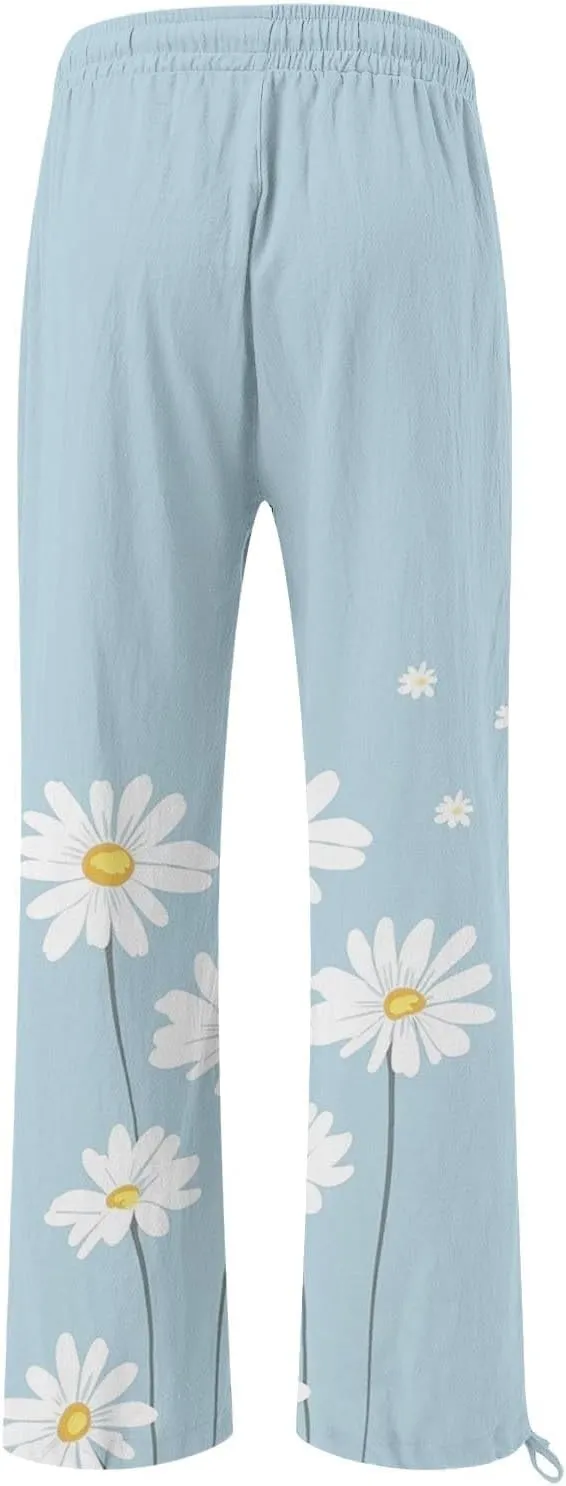 Women's Casual Pants Flower Pants Vintage Print Cotton Linen Pants Elastic Waisted Drawstring Summer Beach Baggy Trousers
