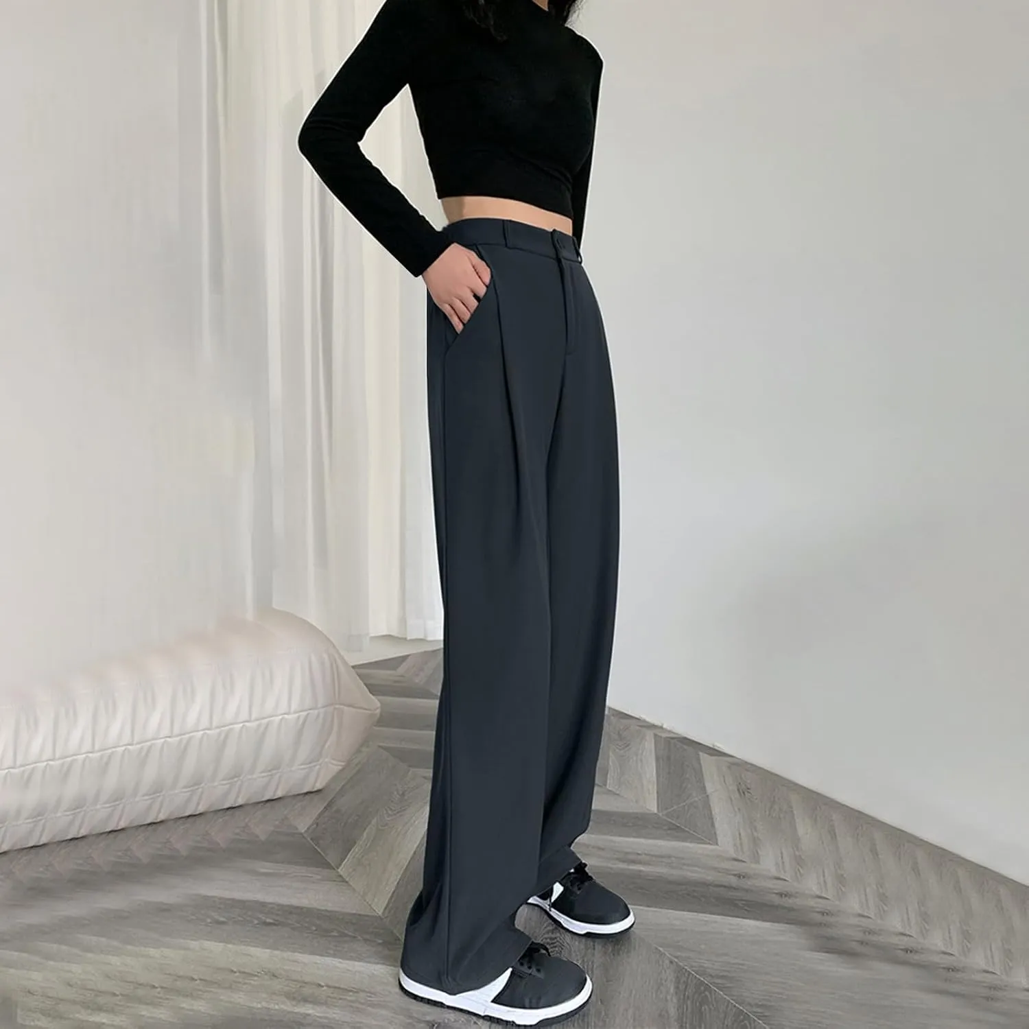 Womens Casual Wide Leg Pants High Waisted Button Down Straight Long Trousers Palazzo Pants Business Office Flowy Pants