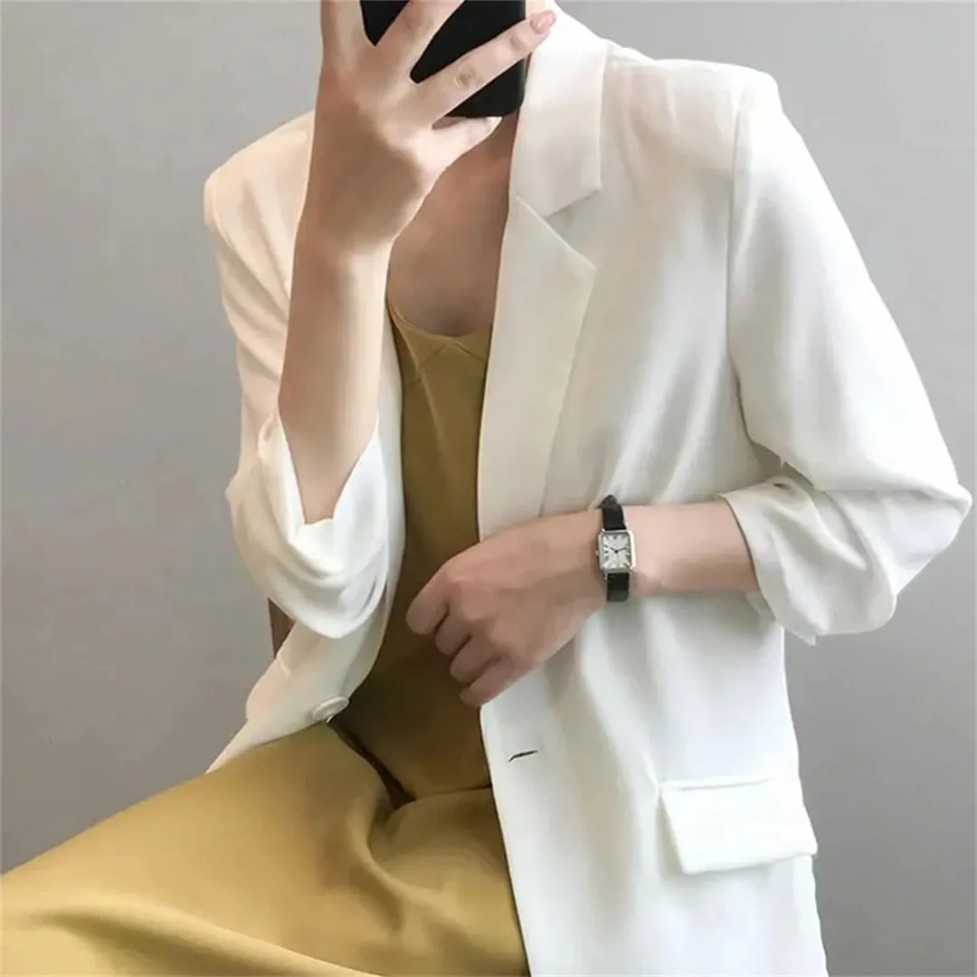 Women's Chiffon Suit Coat Summer Loose Thin Long Blazers Jacket Solid Color Sunscreen Shirt Blazer