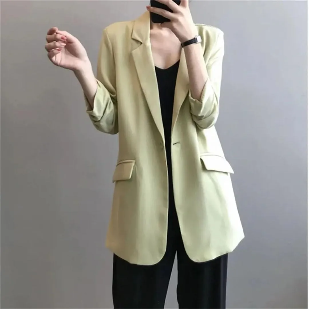 Women's Chiffon Suit Coat Summer Loose Thin Long Blazers Jacket Solid Color Sunscreen Shirt Blazer