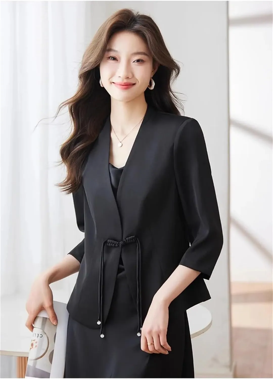 Women's Chinese Style Suit Jacket Solid Color Summer 3/4 Sleeves Blazer Outerwear