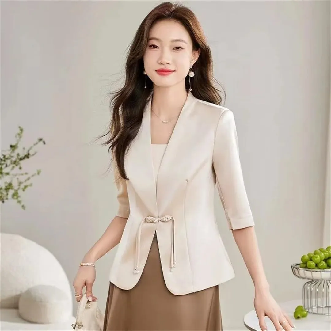 Women's Chinese Style Suit Jacket Solid Color Summer 3/4 Sleeves Blazer Outerwear