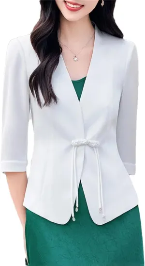 Women's Chinese Style Suit Jacket Solid Color Summer 3/4 Sleeves Blazer Outerwear