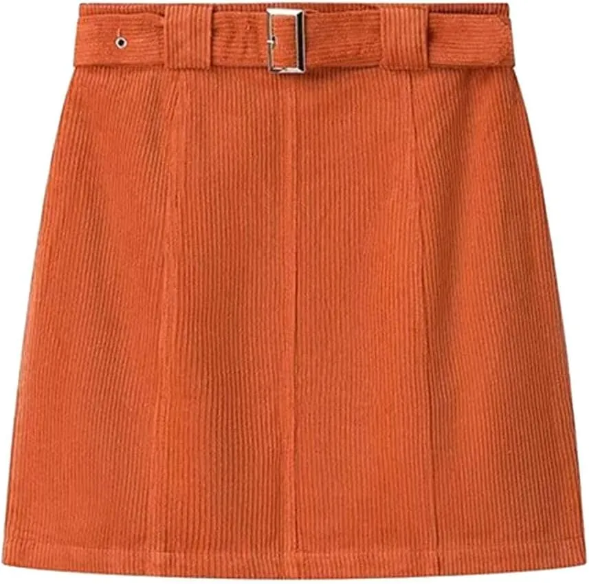 Womens Corduroy Skirt Mini Pencil Skirt Paperbag Belted High Waist Business Office Work Short Mini Skirt with Pocket