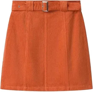 Womens Corduroy Skirt Mini Pencil Skirt Paperbag Belted High Waist Business Office Work Short Mini Skirt with Pocket