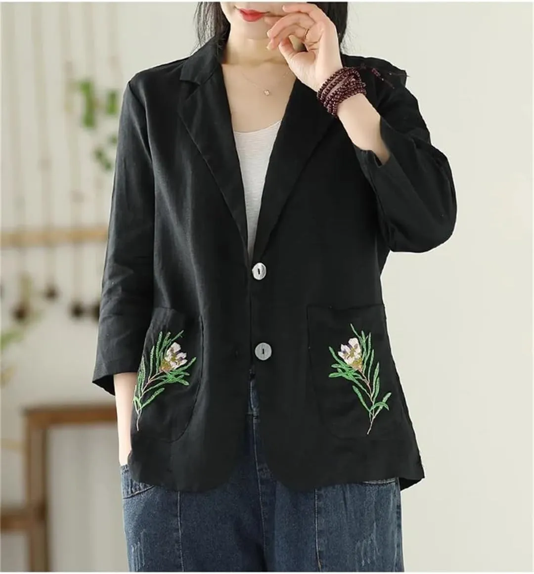 Women's Cotton Linen Embroidered Blazer Coat Loose Casual 3/4 Sleeve Suit Jacket Summer Sun Protection Top