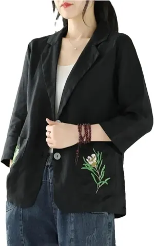 Women's Cotton Linen Embroidered Blazer Coat Loose Casual 3/4 Sleeve Suit Jacket Summer Sun Protection Top